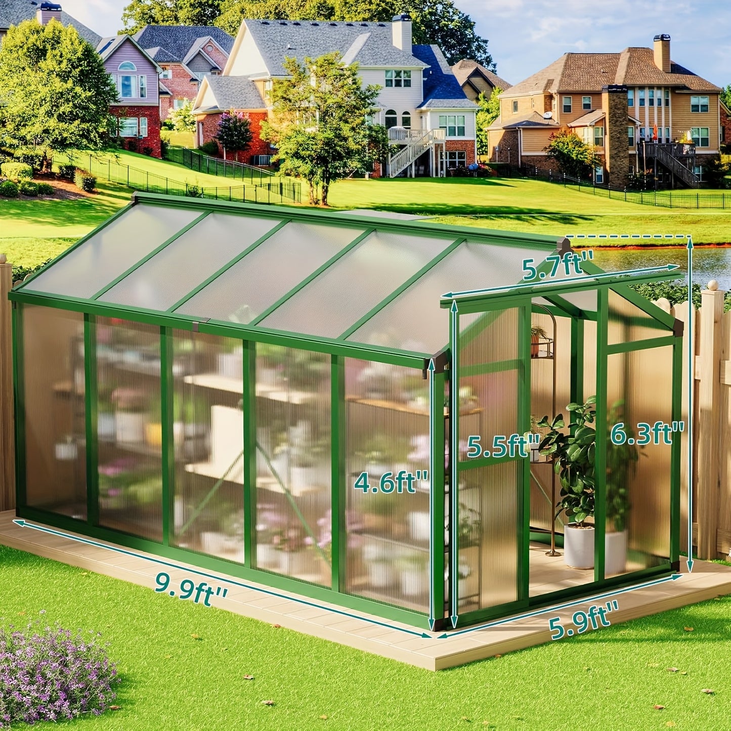 Walk-in Greenhouse With Sliding Lockable Door & Roof Vent, 6x10x6.3ft Aluminum Greenhouse