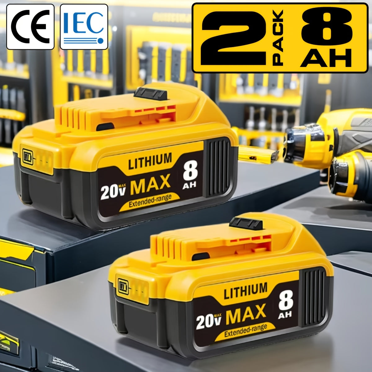 1/2-Pack 8.0Ah Replacement for Dewalt 20v Max XR - Lithium-Ion Batteries - High-Capacity