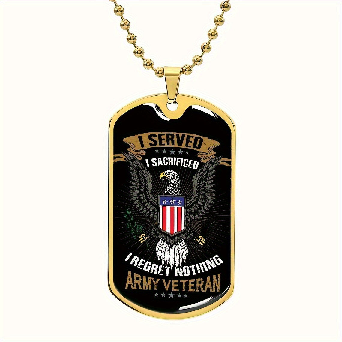 Military Tag Pendant Necklace, Patriotic Eagle Design "I Served, I Sacrificed, I Have No Regrets"
