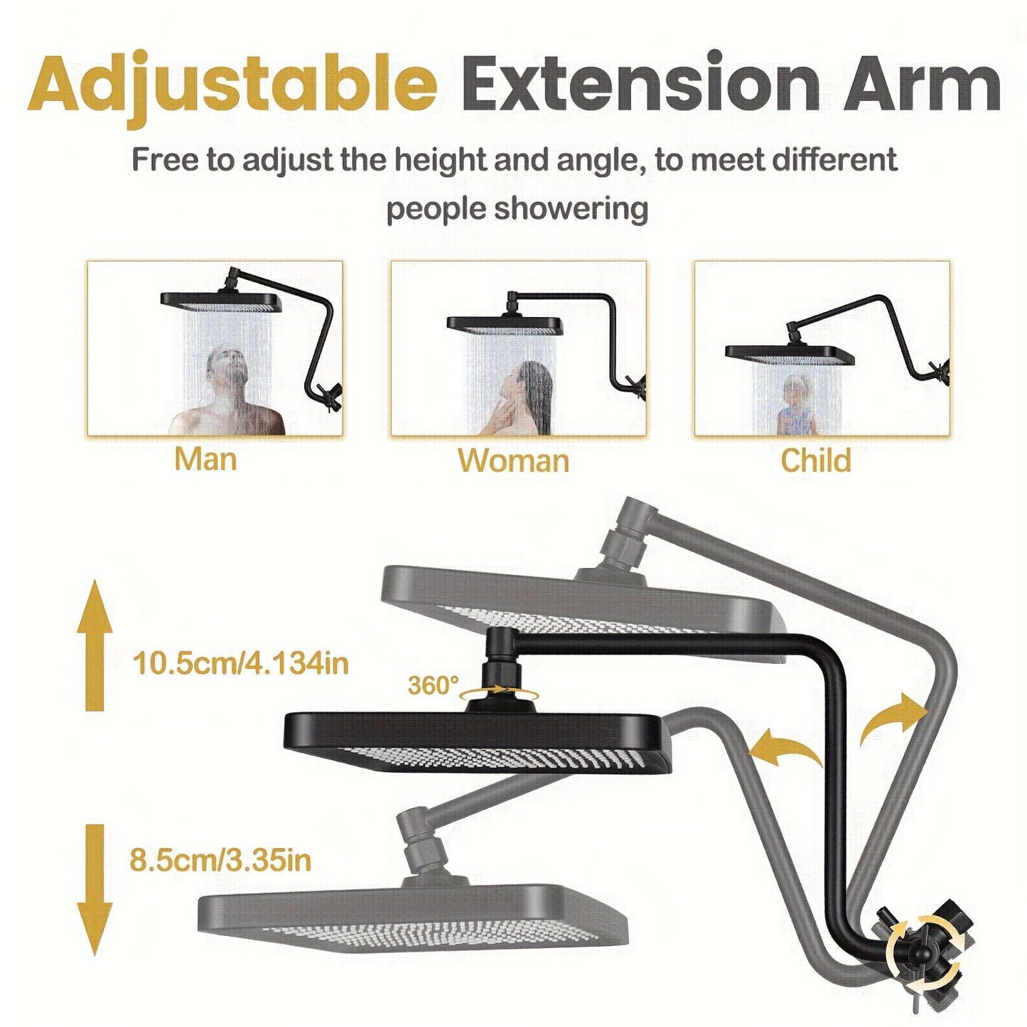 Black Deluxe Shower-head Set, 13-Inch High-Pressure Rainfall Showerhead W/12-Inch Arm