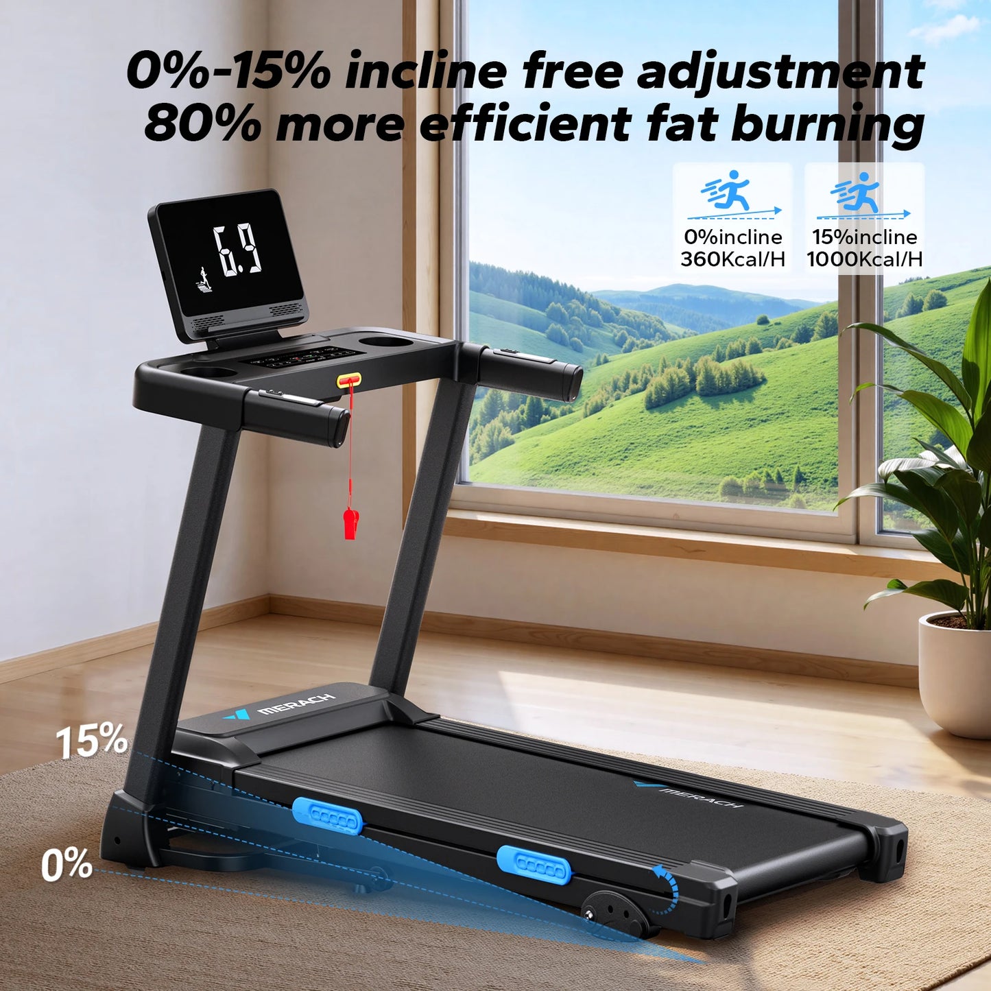 MERACH Foldable Treadmill T12 Incline Quiet Double Deck Technology 4 Silicone Shock Cushion