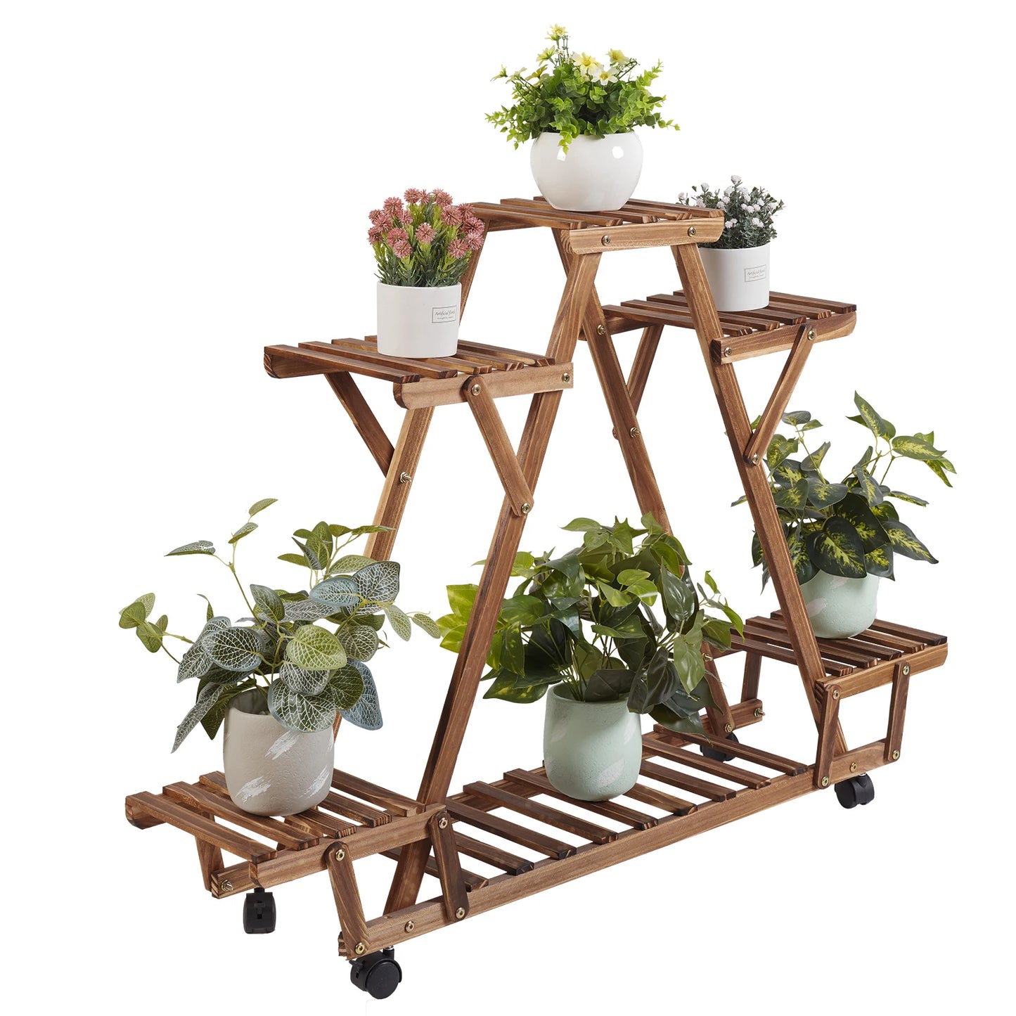 Triangular Plant Shelf 6 Potted Carbonized Wood Plant Holder Flower Pot Stand Display w/ wheels