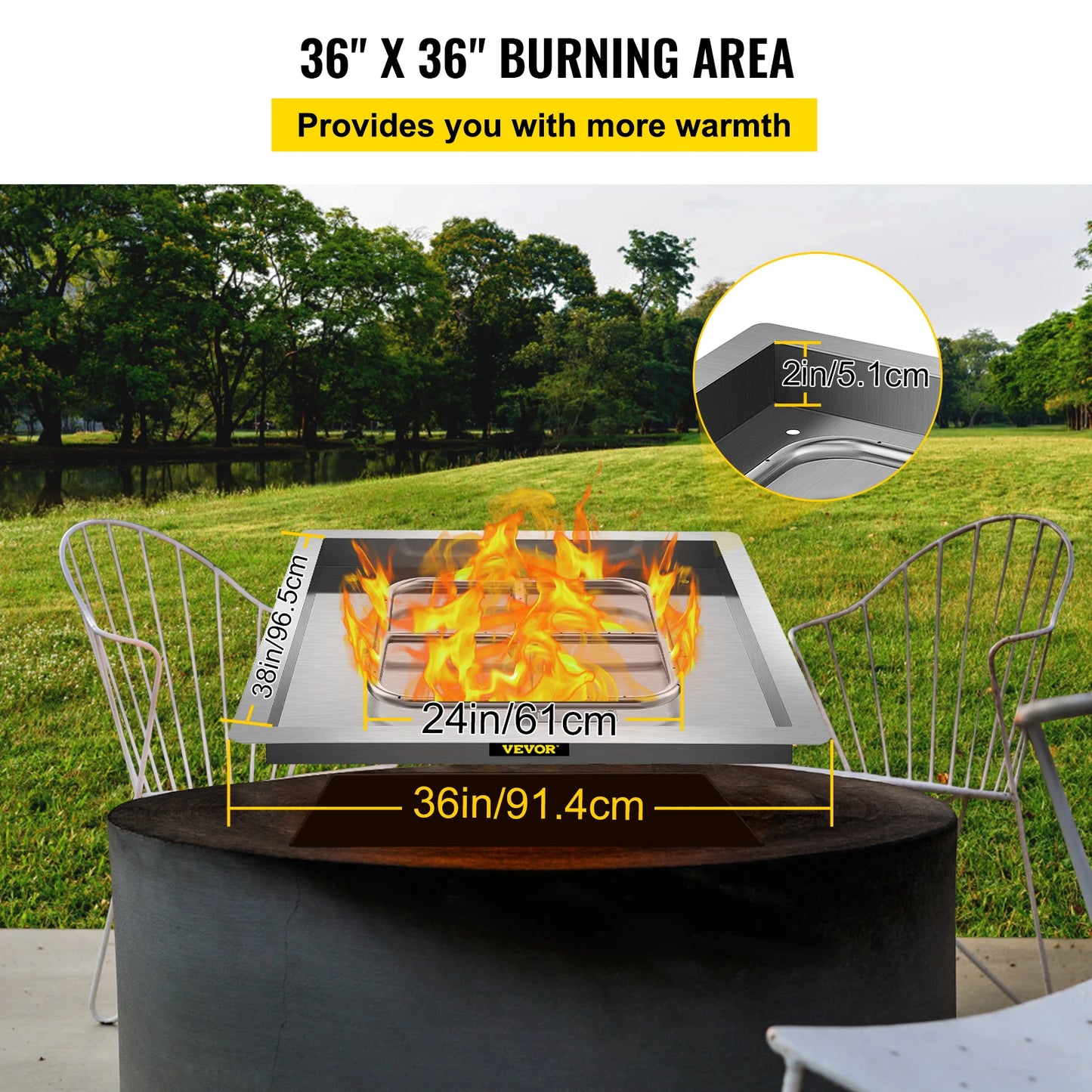 VEVOR Drop in Fire Pit Pan Gas Plate 18X18/36x36 Stainless Steel Big Combustion Area for DIY in Backyard