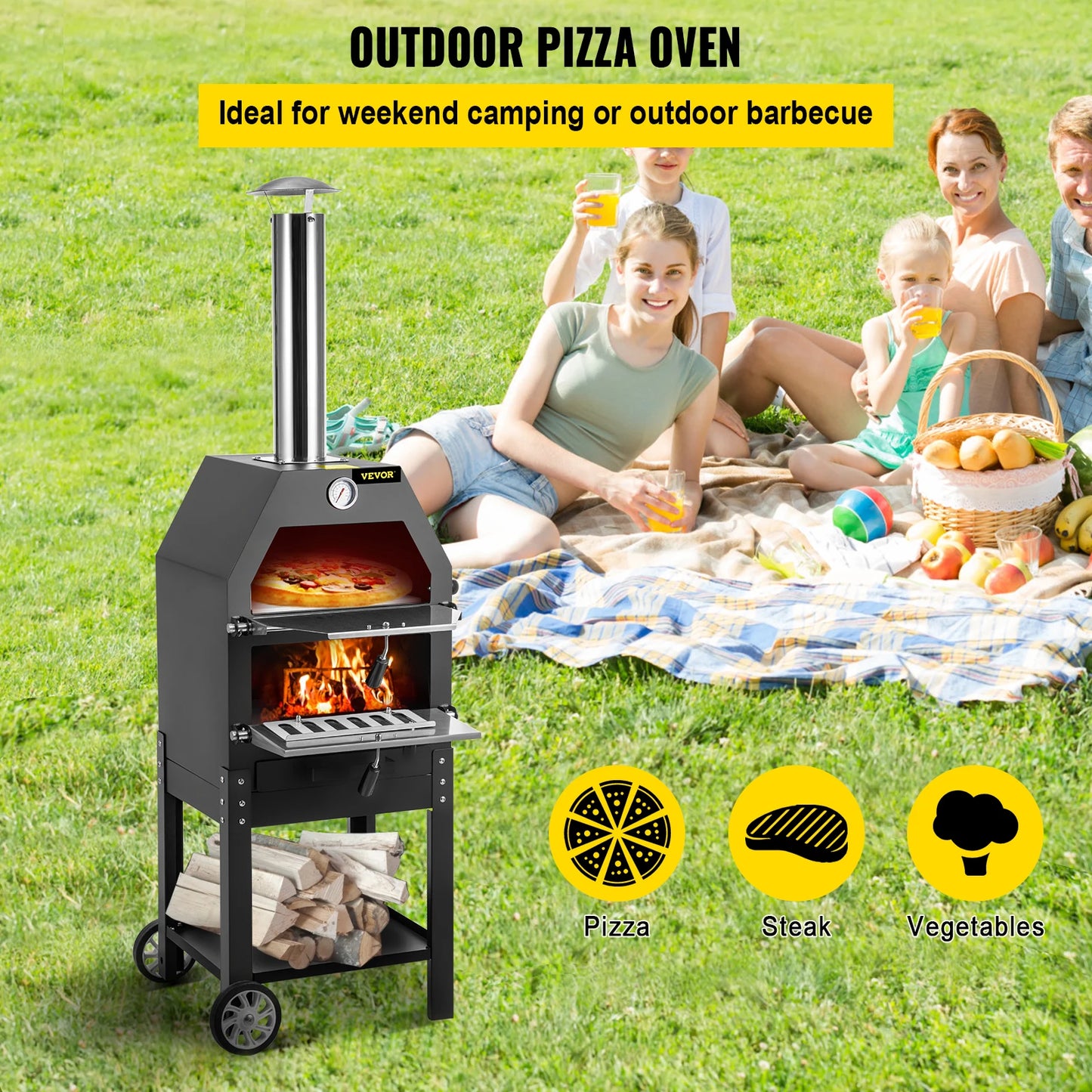 VEVOR 12" Wood Fried Pizza Oven with Wheels & Handle 2-Layer Portable Baking