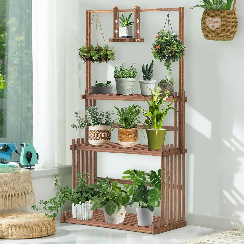 3-Tier Hanging Wood Plant Stand Planter Shelves Flower Pot Organizer Rack Multiple Display