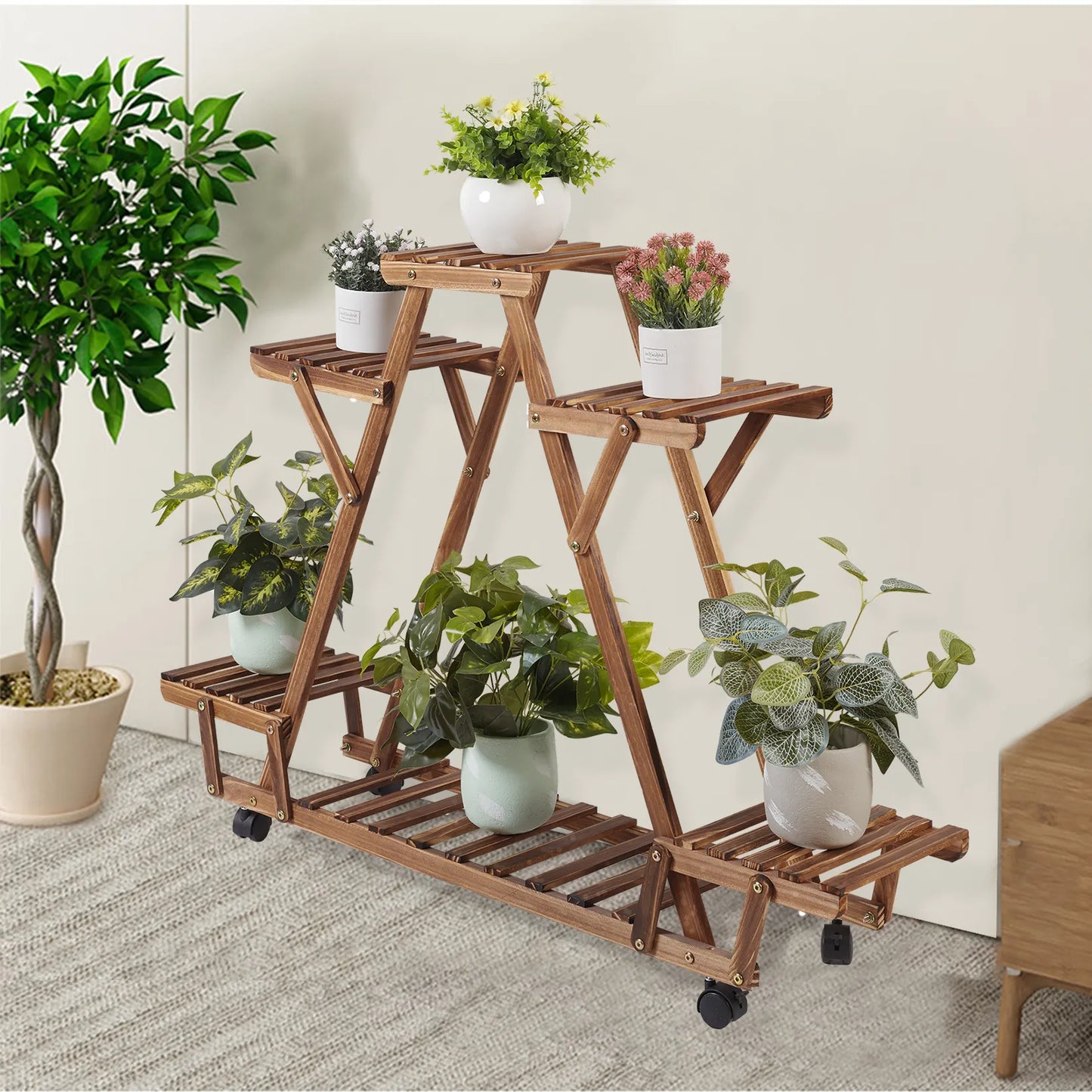 Triangular Plant Shelf 6 Potted Carbonized Wood Plant Holder Flower Pot Stand Display w/ wheels