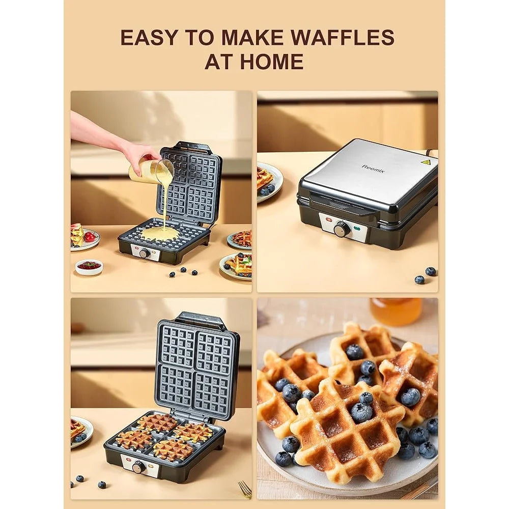 4 Slice Belgian Waffle Maker 1200W Nonstick Iron Anti-Overflow Knob Indicator Lights Easy Clean