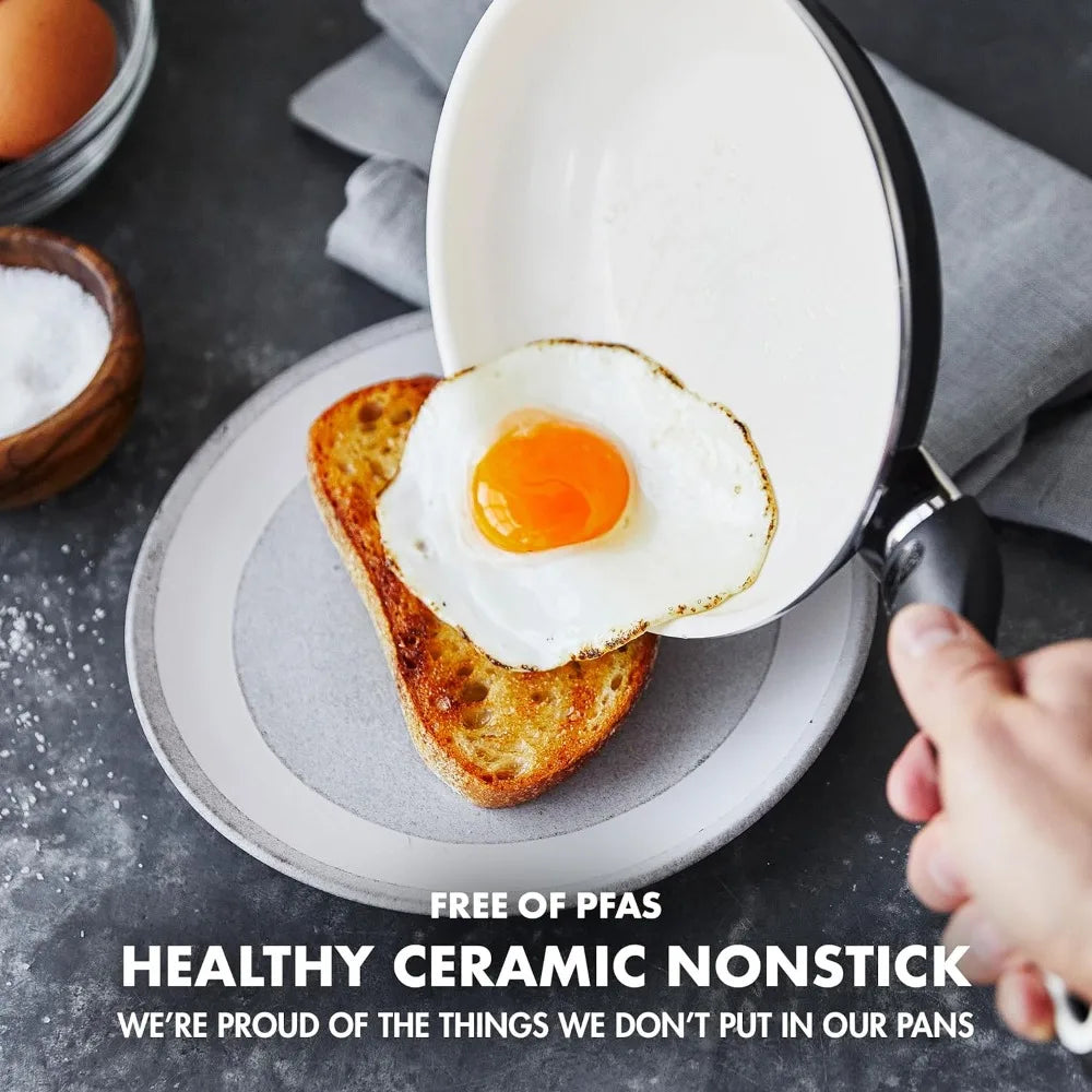 Healthy Ceramic Nonstick 16 Piece Cookware Pots and Pans Set, PFAS-Free, Dishwasher Safe, Black