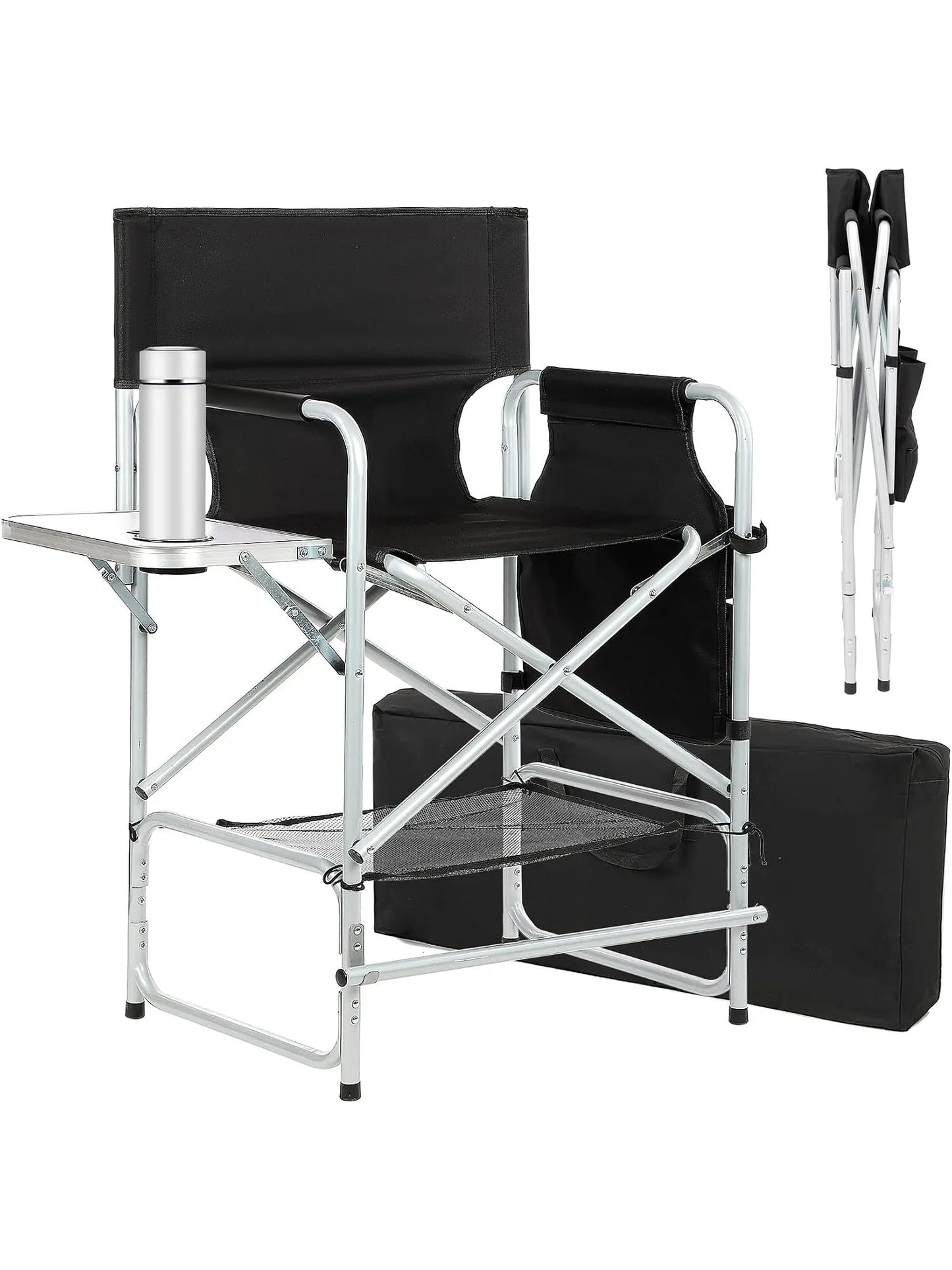 Tall Directors Chair For Makeup Artist Foldable Portable Client Chair With Side Table Cup Holder