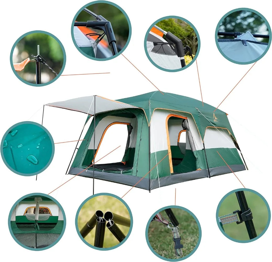 KTT Large Tent 12 Person(Style-B),Family Cabin Tents,2 Rooms, Straight Wall, 3 Doors and 3 Windows