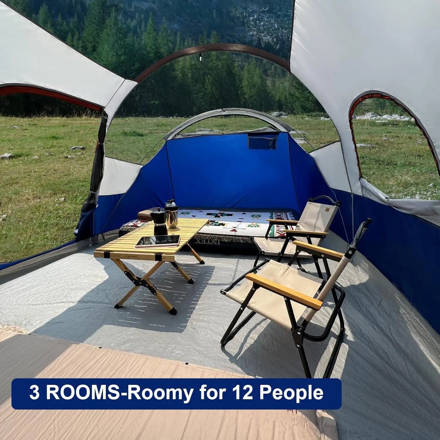 12-Person Family Camping Tent, Waterproof Windproof, 3 Rooms, Carry Bag - 20' x 9' x 72"