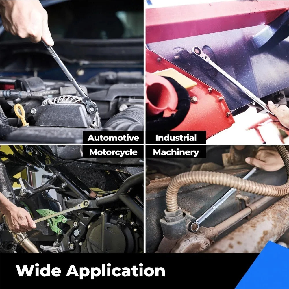 NEW-Extra Long Ratcheting Wrench Set, Flex Head & Fixed Offset Head Double Box End Combination, CR-V