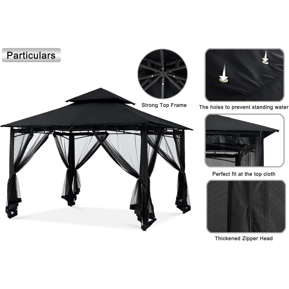 Garden Gazebo for Patios with Stable Steel Frame and Netting Walls (10x10, Black),