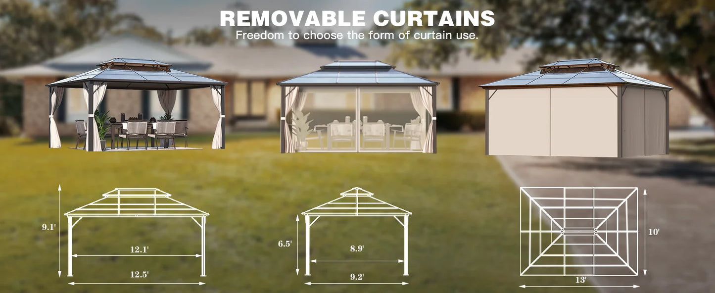 10'x13' Hardtop Gazebo, Outdoor Polycarbonate Double Roof Canopy, Aluminum Frame Permanent Pavilion