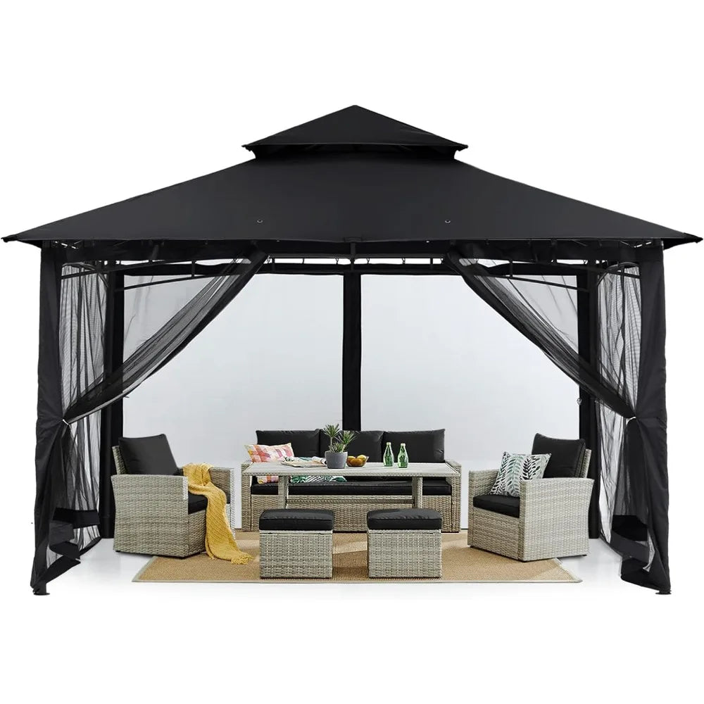Garden Gazebo for Patios with Stable Steel Frame and Netting Walls (10x10, Black),