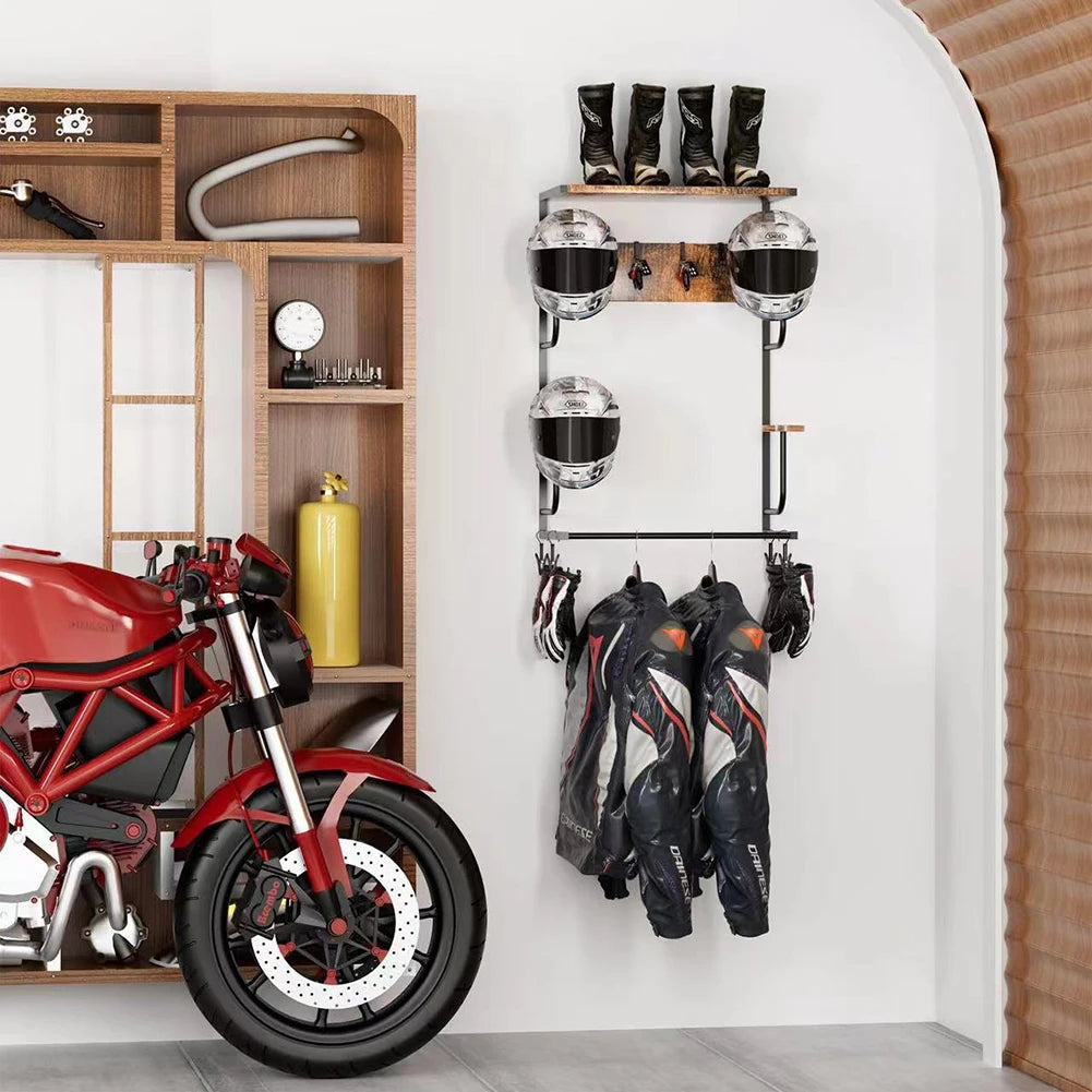 Motorcycle Helmet Holder, Wall-Mounted Rack W/4 Glove Chips & Hooks, Bike Helmets Storage Organizer