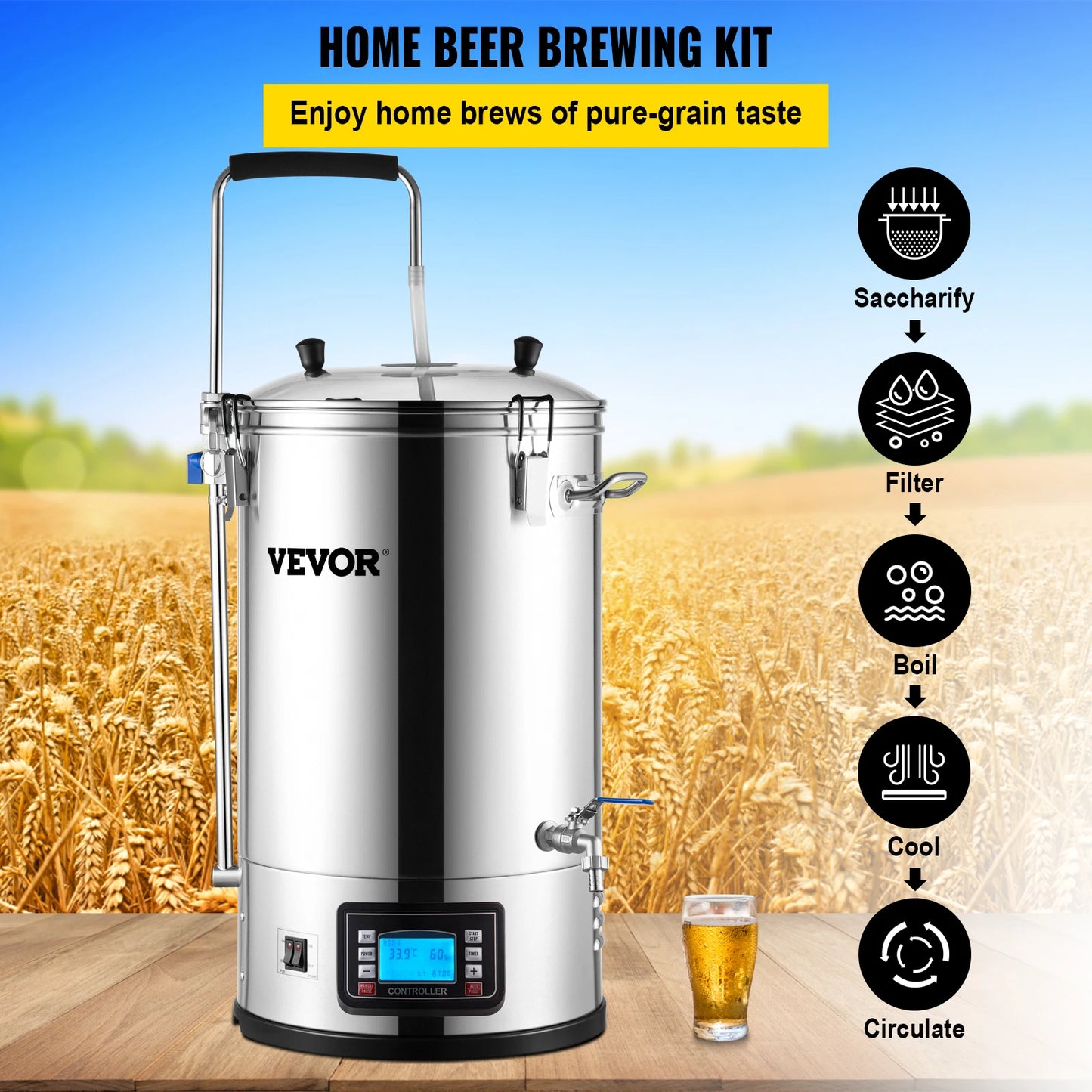 VEVOR 35L 110/220V 304 Stainless Steel All-in-One Home Beer Brewer Electric Brewing System with Pump