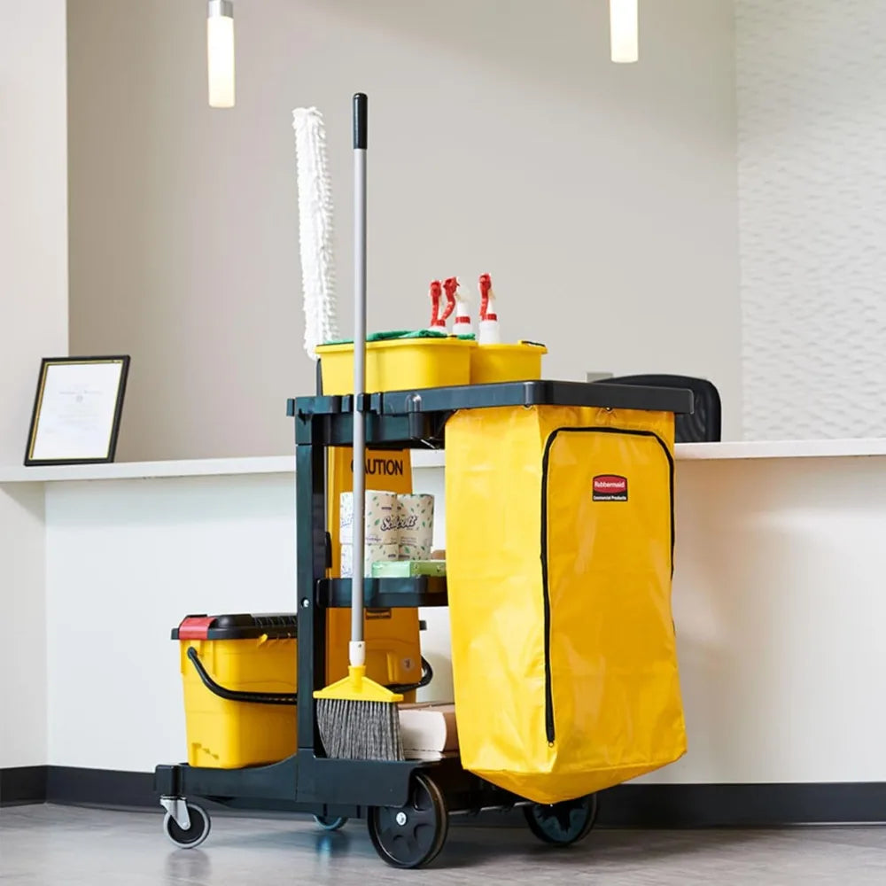 Traditional Janitorial 3-Shelf Cleaning Cart, Wheeled with Zippered Yellow Vinyl Bag