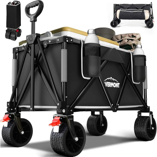 Collapsible All-Terrain Wagon Cart - 3.2in Wide Wheels Capacity With Side Pockets