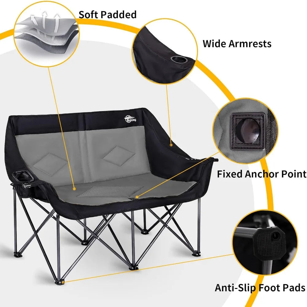Bolosy Oversized Double Folding Camping Chair/Two Adults, Heavy Duty and Portable with Cup Holders