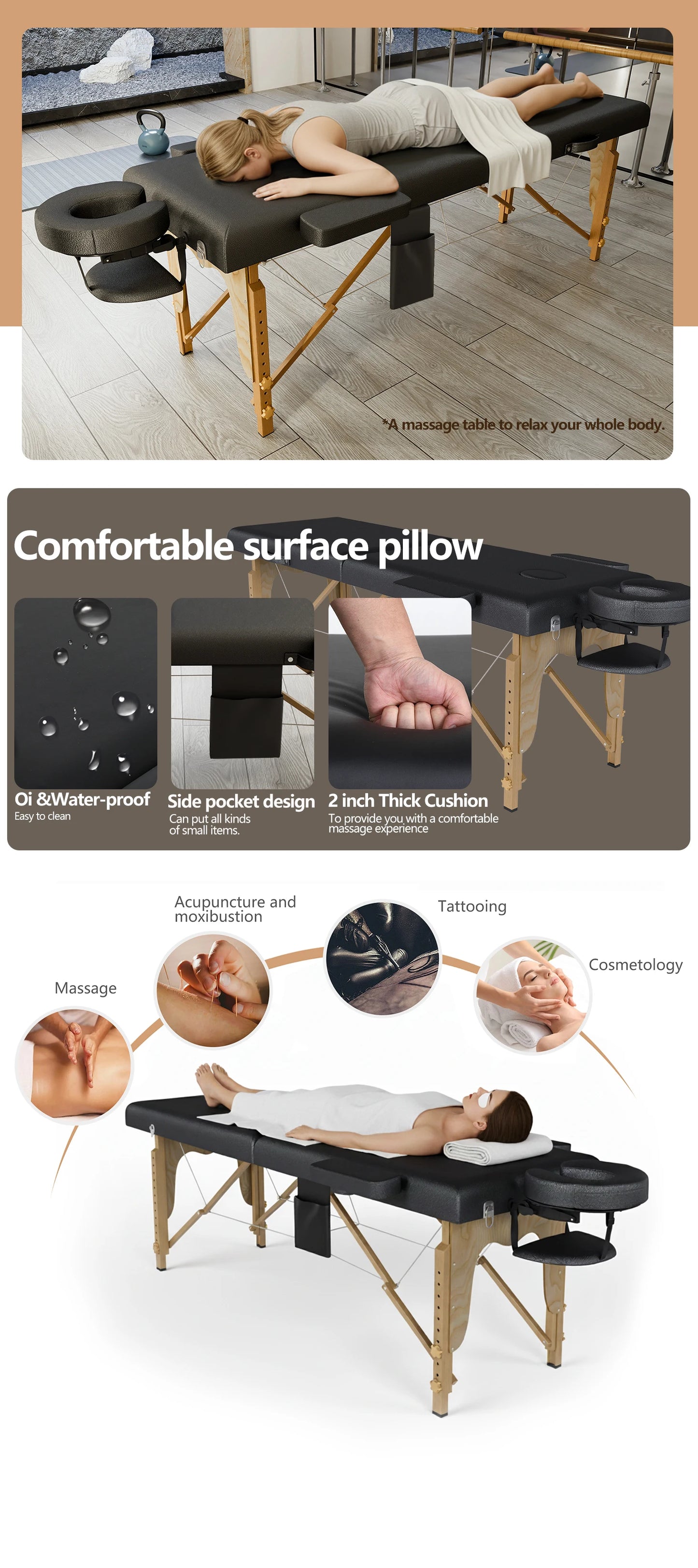 Massage Bed, Height-Adjustable Therapy Bed, Dedicated for Beauty Care, with Carrying Bag, Black