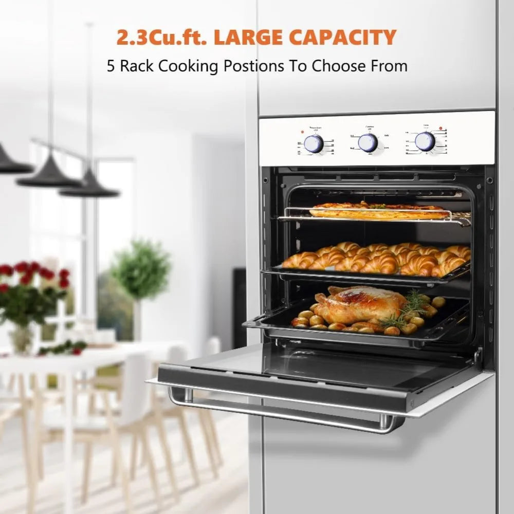24" Single Wall Oven, 2.3 CuFt. Electric Wall Oven, 2000W White 240V Built-in Oven with Knobs