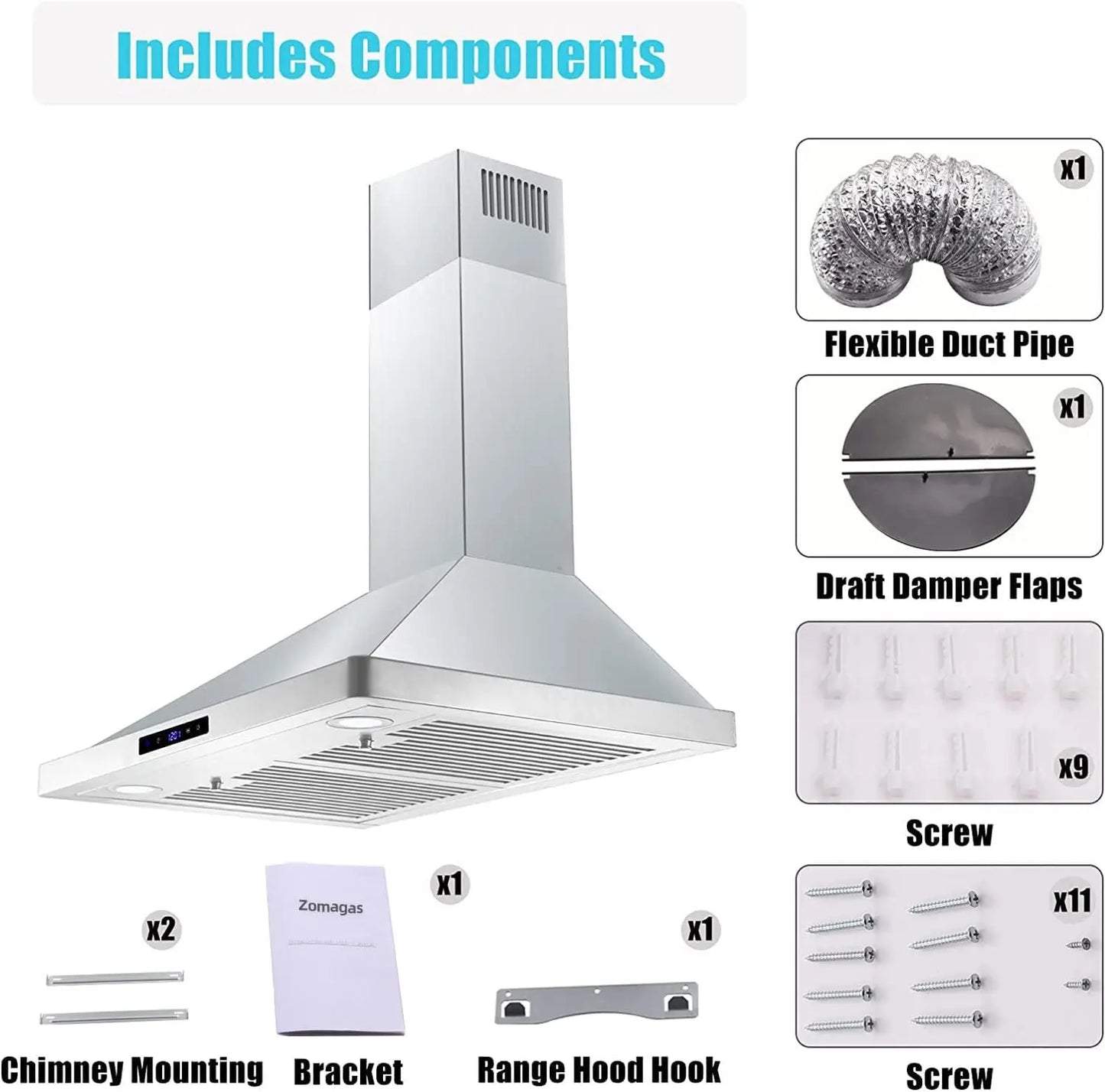 Wall Mount Kitchen 30" Duct Convertible Range Hood 700CFM, 3 Speed/LED Light Range Hood USYS0375A