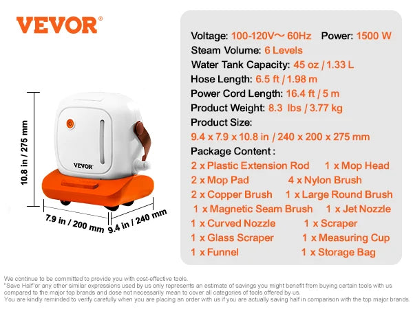 VEVOR Steam Cleaner W/ 45/51/85oz Tank Portable Steam Cleaner Chemical-Free Steamer