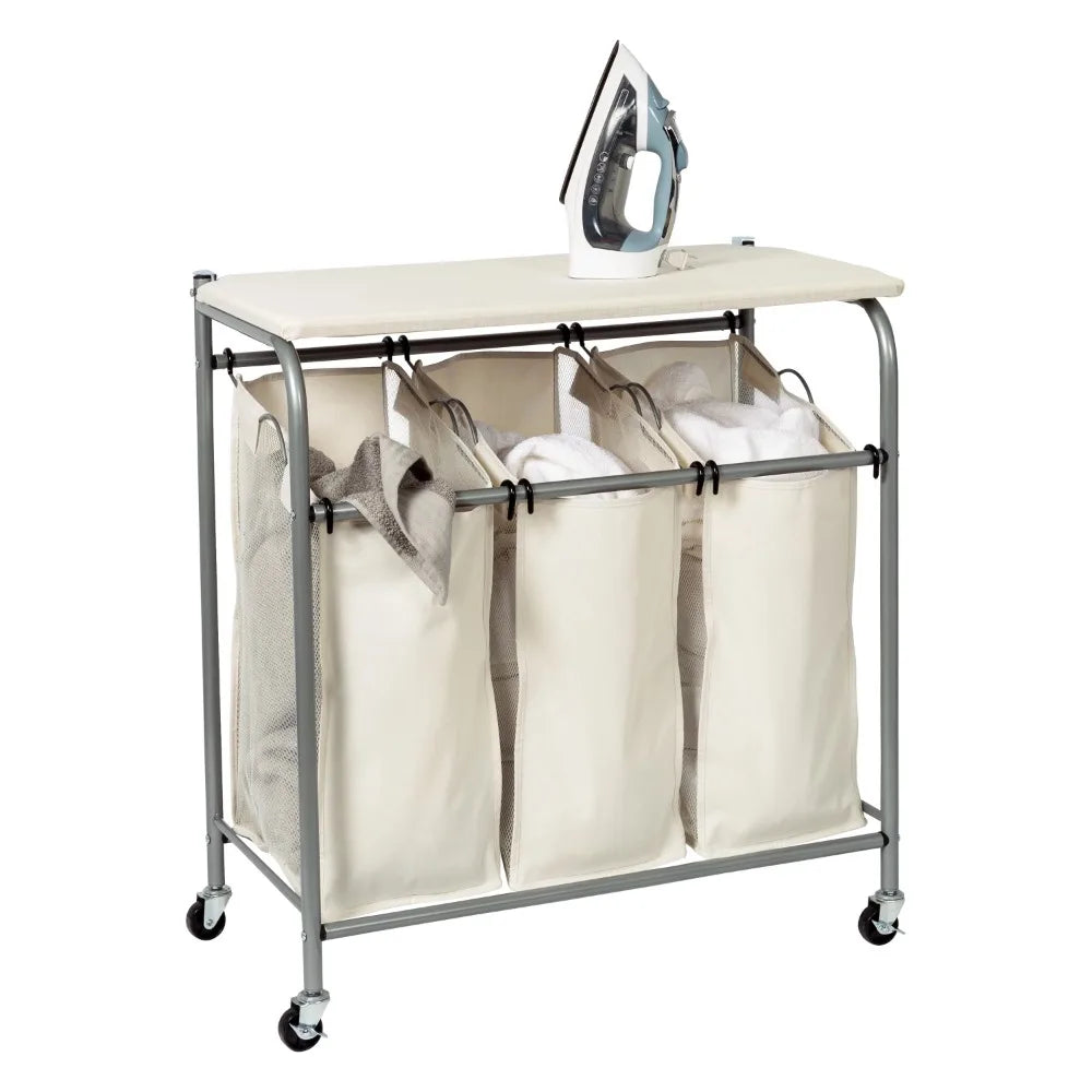 Honey-Can-Do 3 Bag Steel Rolling Laundry Sorter with Ironing Board Top, Silver/Natural