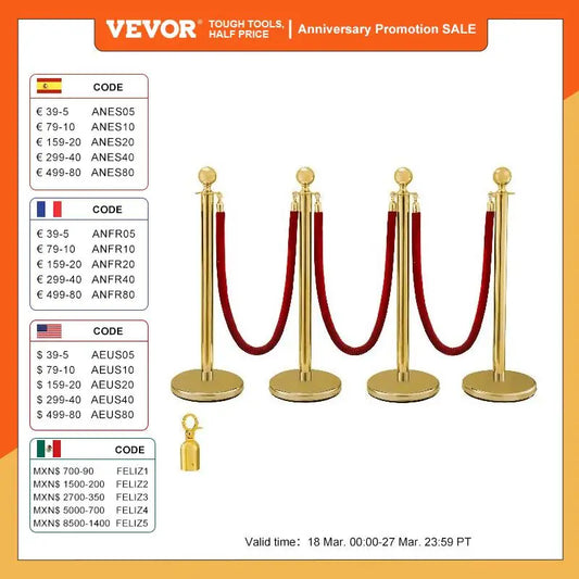 VEVOR 38Inch Gold Silver Stanchion Posts Queue Red Velvet Rope Crowd Control Line Barriers