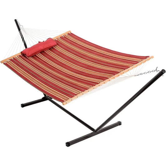 Quilted Fabric Hammock with 12-Foot Stand, Double 2-Person Hammock with Pillow, 450LB Capacity