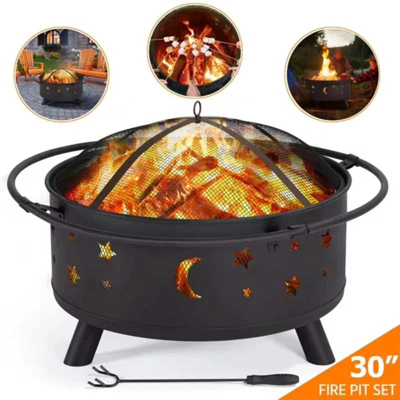 SMILE MART Iron Fire Pit Set Bowl with Poker Mesh Cover for BBQ Backyard Patio