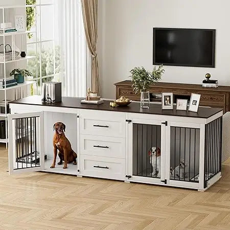 94.5" Large Dog Crate Furniture/2 Dogs, Double Wooden Dog Kennel Furniture/4 Dog Bowls & 3 Drawers