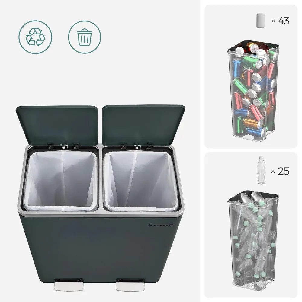 Plastic Inner Buckets w/Hinged Lids, Dual Trash Bin, Kitchen or Bathroom,  w/ 15 Trash Bags
