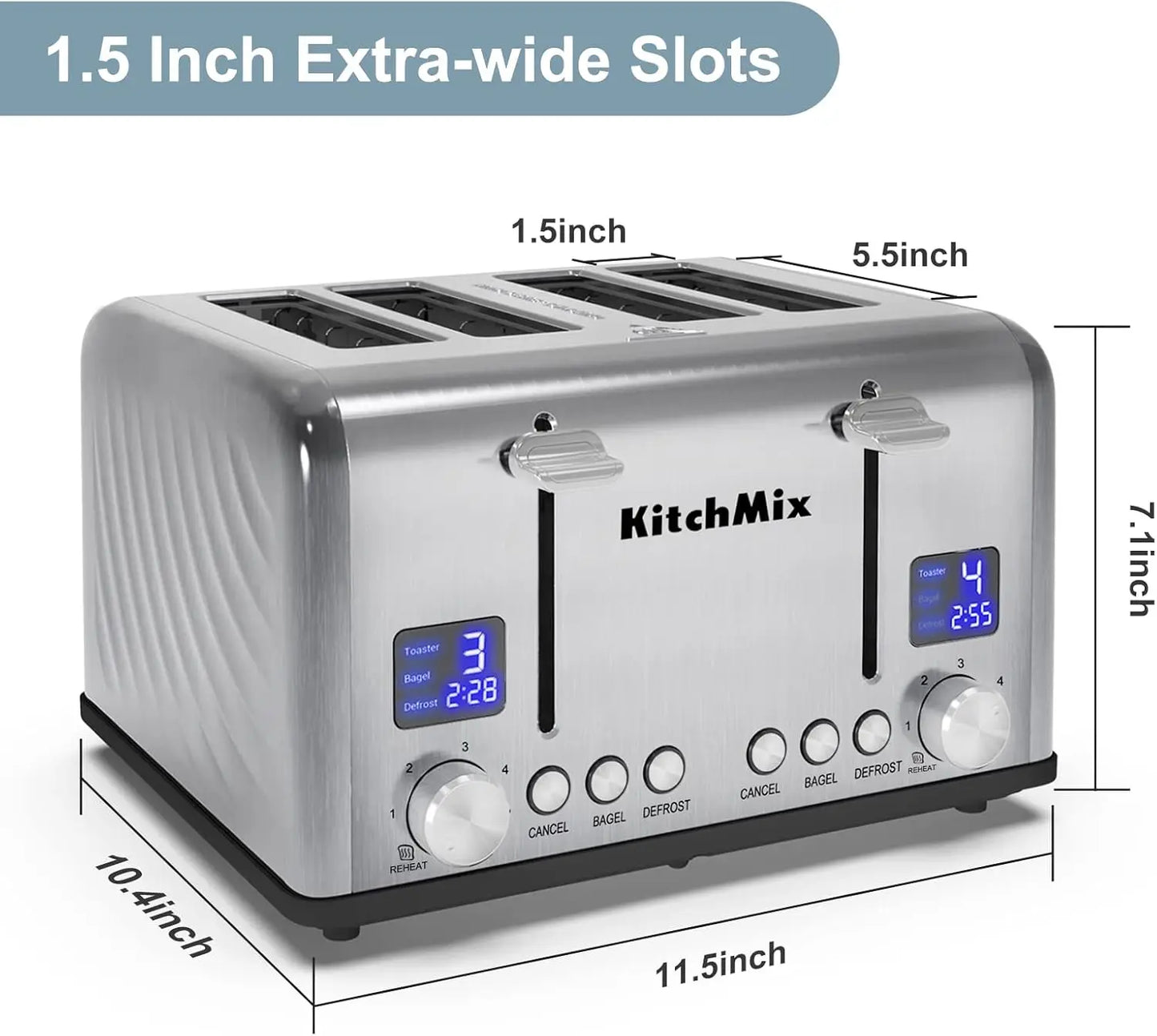 KITCHMIX Toaster 4 Slice, Bagel Stainless LCD Timer, Extra Wide Slots, Dual Screen,Crumb Tray