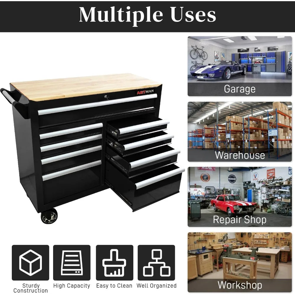 Heavy Duty Rolling Chest with 9-Drawer Wood Top Tool Cart Mechanic Tool Box with Wheels Tool Storage