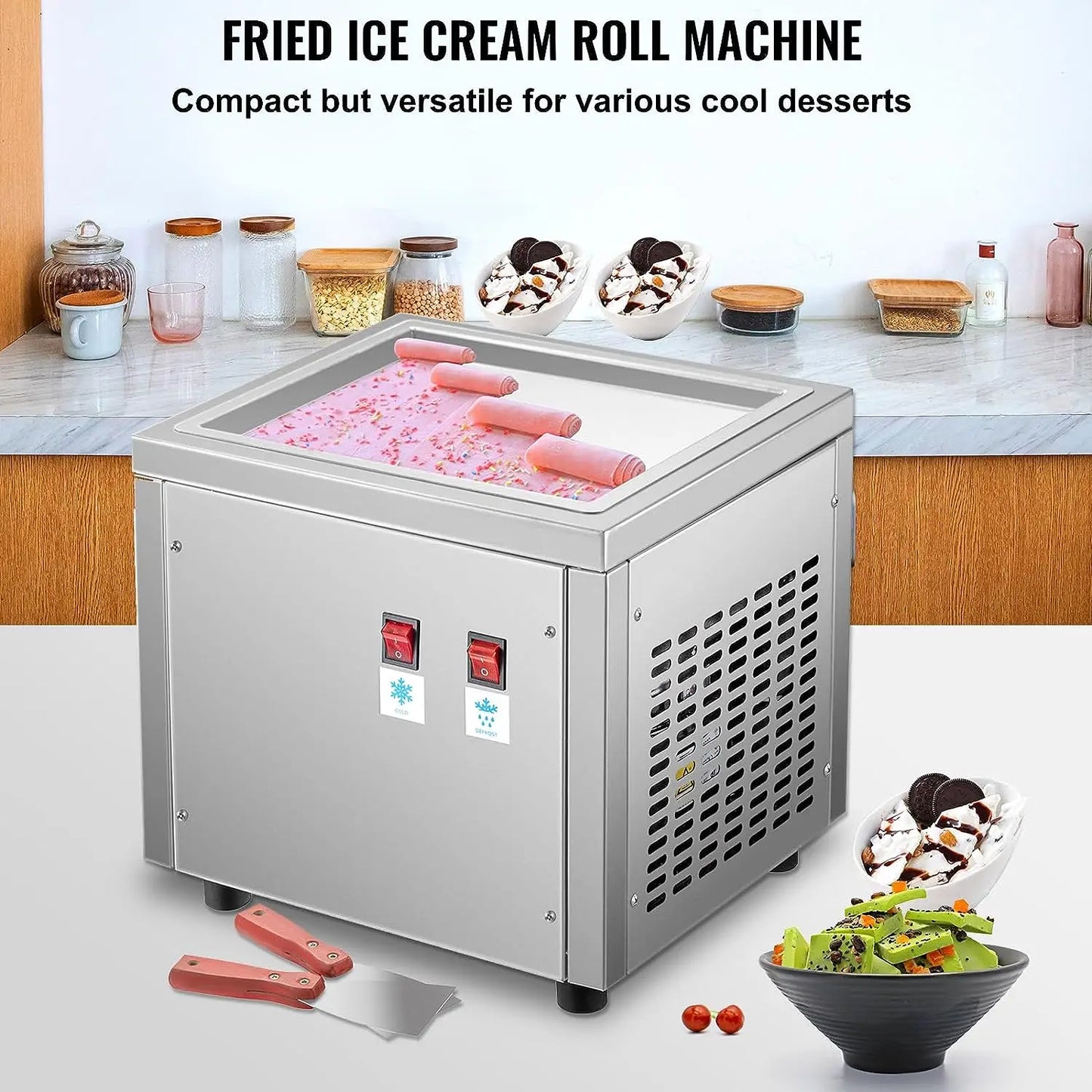 VEVOR 280 W Commercial Rolling Ice Machine Fried Ice Cream Rolls 24 x 28 cm Production Area Stainless Steel - My Store