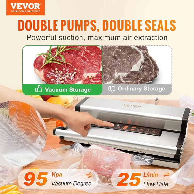 VEVOR Food Vacuum Sealer Machine, 95Kpa 350W Powerful Dual Pump and Dual Sealing, Dry and Moist Food