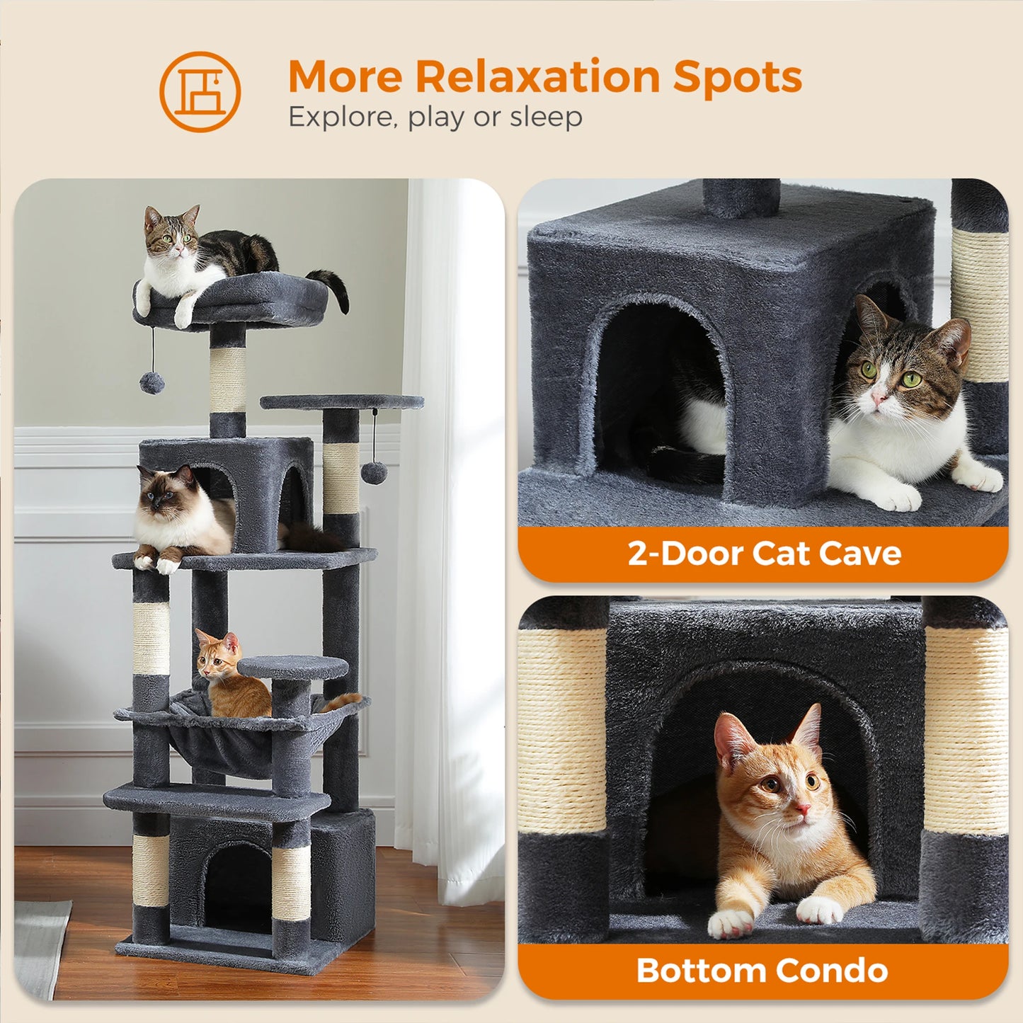 H184CM Large Cat Tower with Sisal Scratching Posts, Condo, Perch, Stable for Kitten Multi-Level Tower
