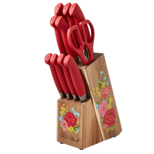 11-Piece Stainless Steel Knife Block Set, Red Versatile - My Store