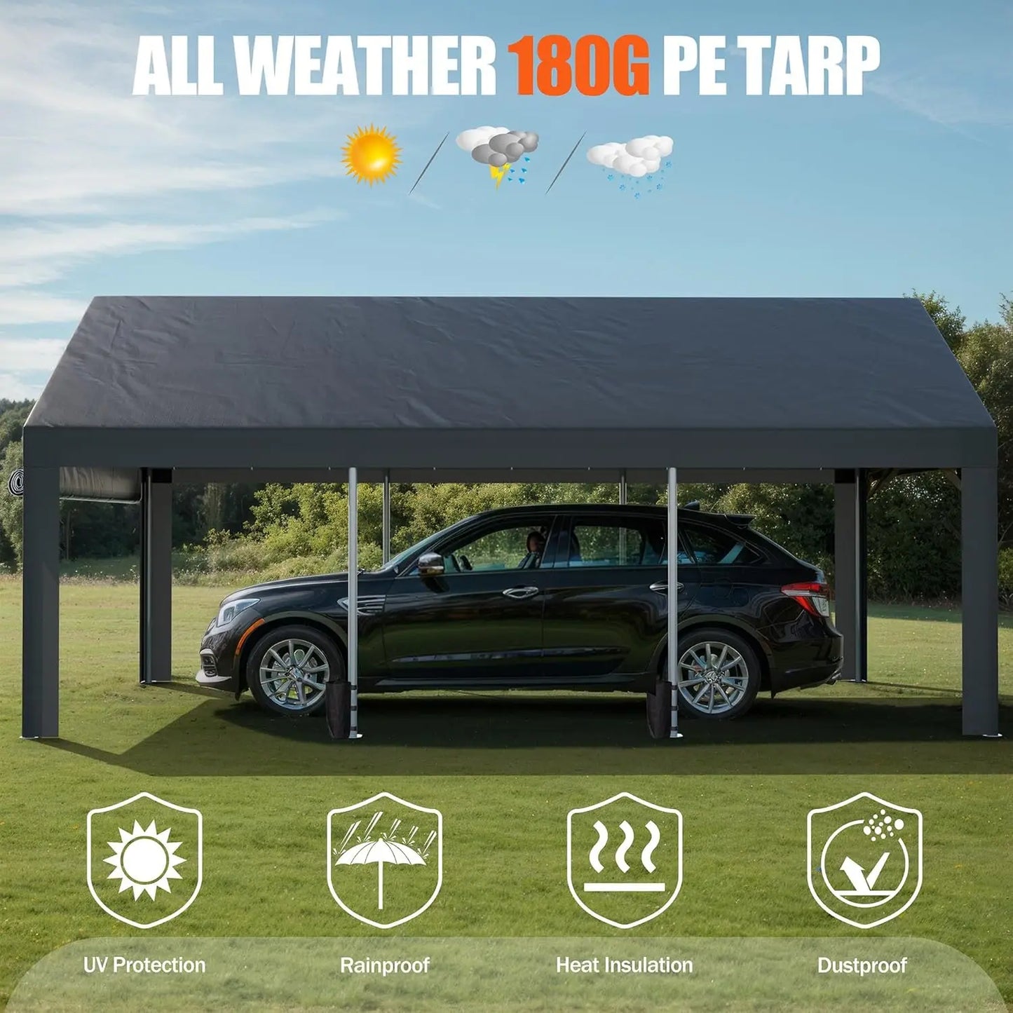 12x20 ft Heavy Duty Carport with Roll-up Windows, Portable Garage with Removable Sidewalls & Door