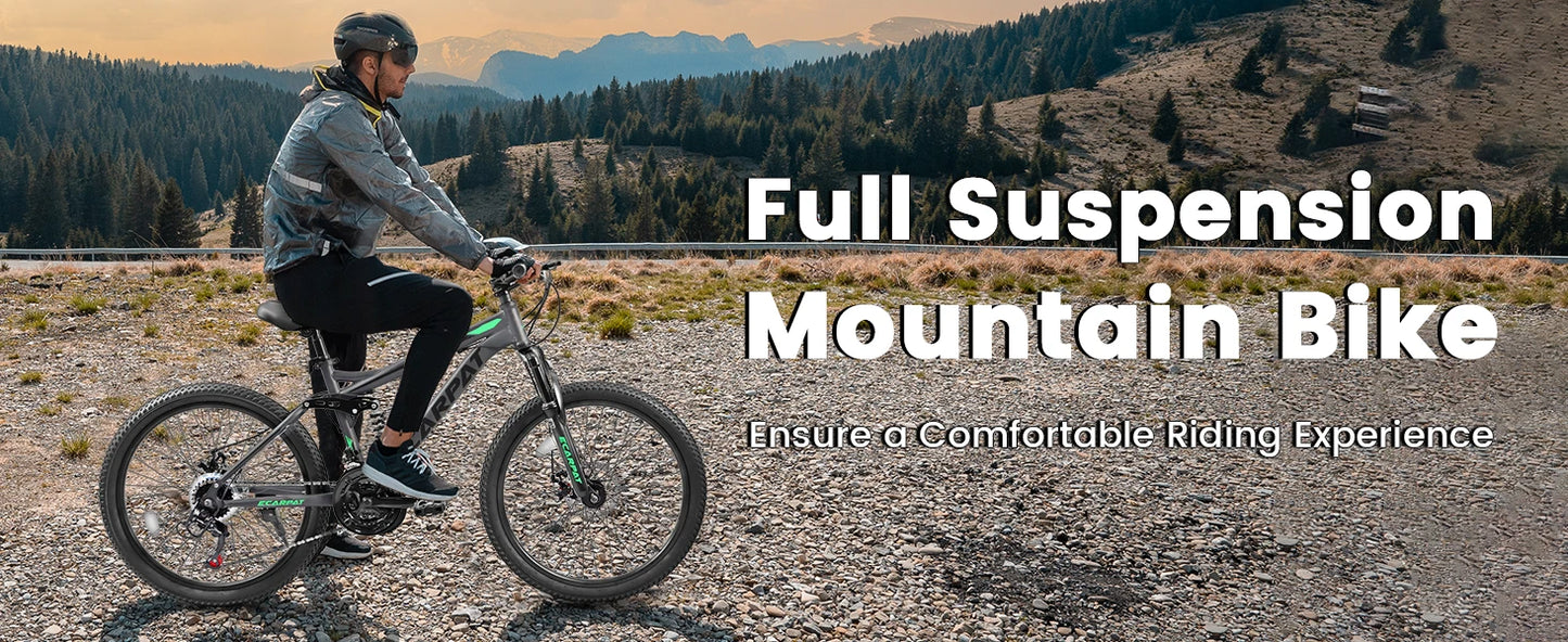 Ecarpat Dual Full Suspension Mountain Bike 24/26/27.5 Inch, 21-Speed Disc Bicycles