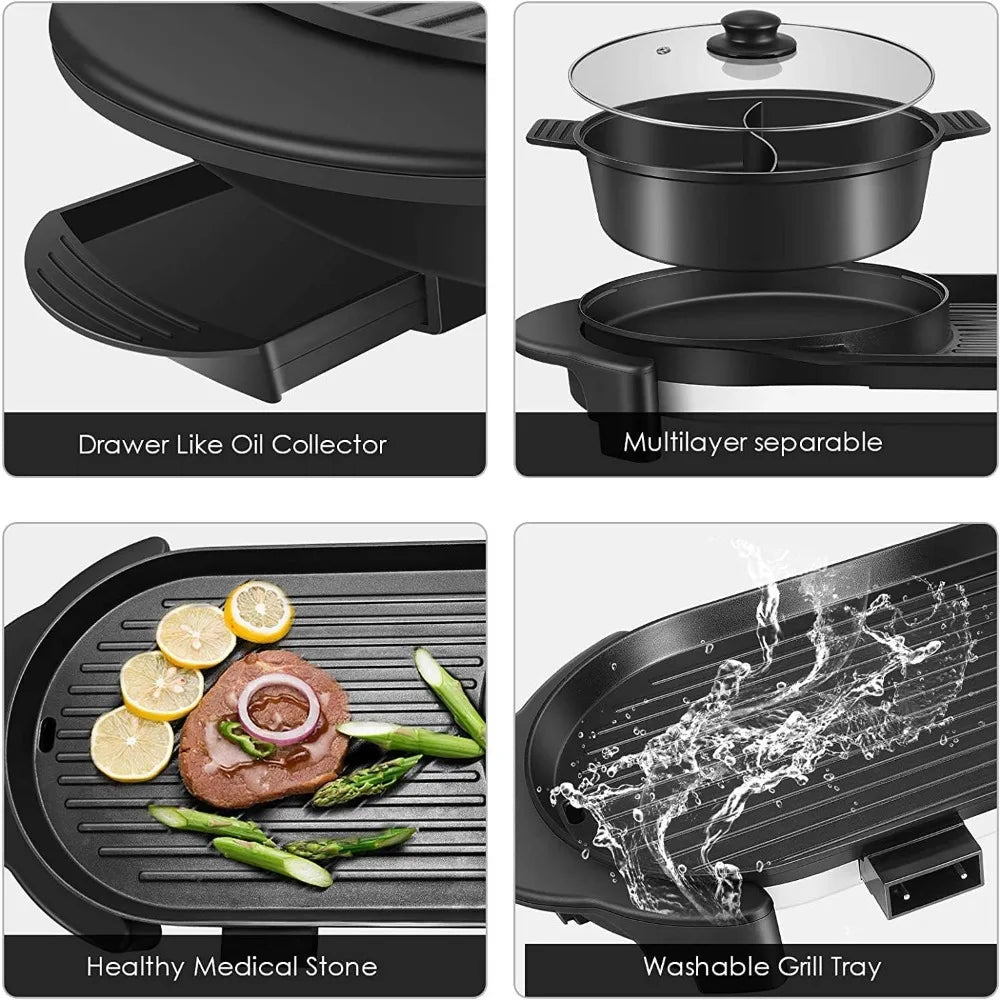 2 in 1 Electric Smokeless Grill and Removable Hot Pot, 2200W Baking Tray, Non-Stick