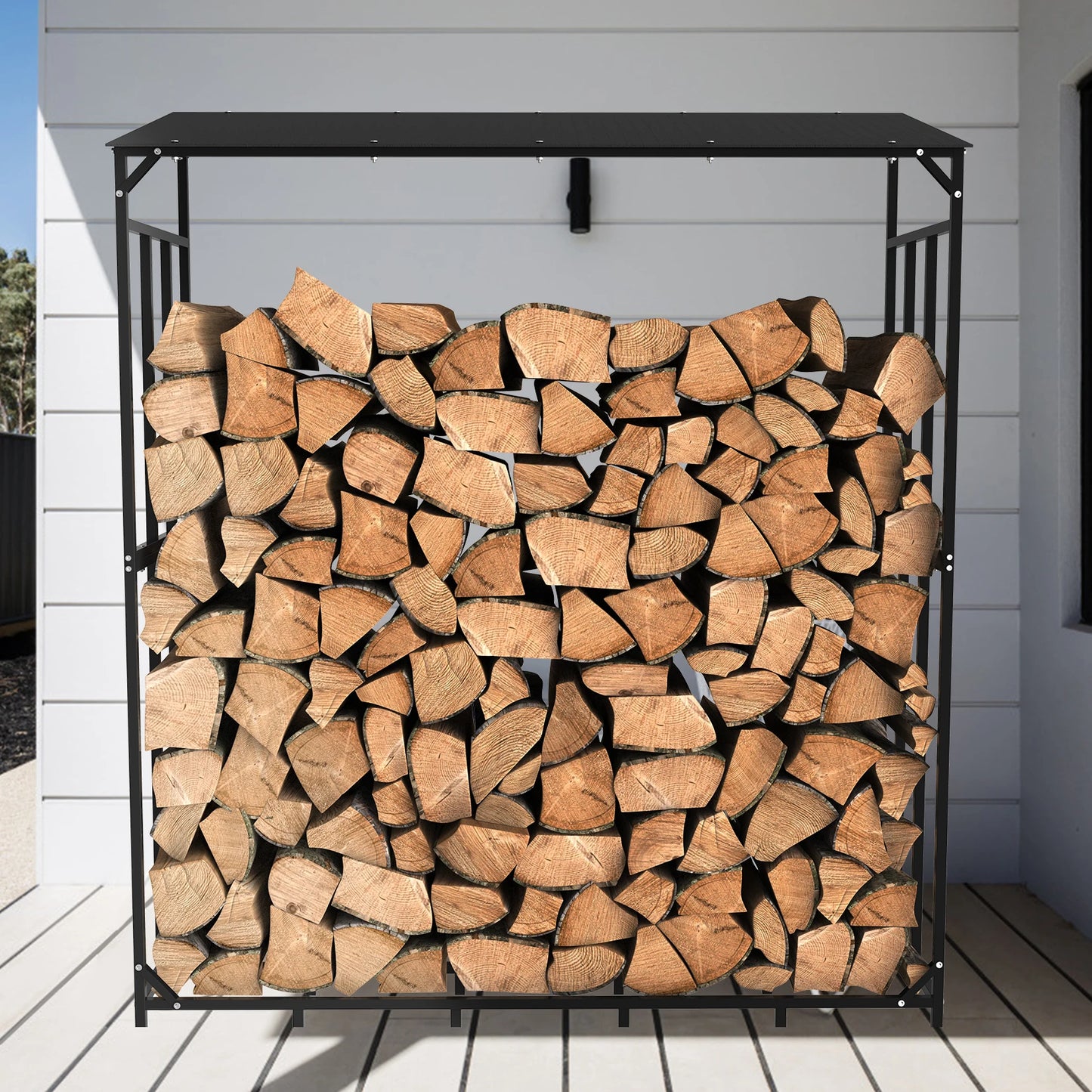 Heavy Duty Tall Metal Firewood Rack Stand with Top Cover Fireplace Wood Storage Stacking Holder