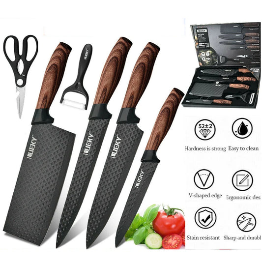 6Pcs/Set Kitchen Knives Set Stainless Steel Chef, Scissors, Peeler, Slicer, Nakiri & Paring Gift Case - My Store