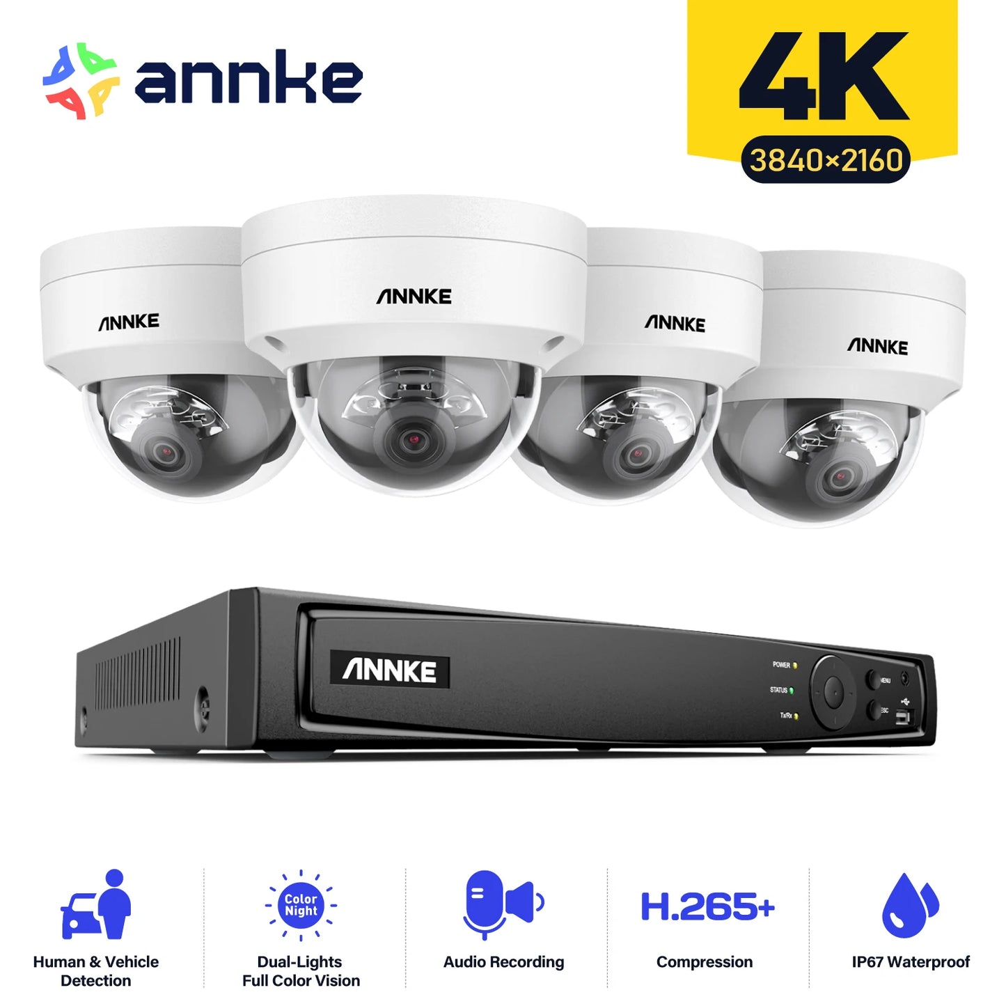 ANNKE 8CH 4K IP Camera Security System 265+ 8MP Poe Camera Two Way Audio Video 4MM Lens 256G Card