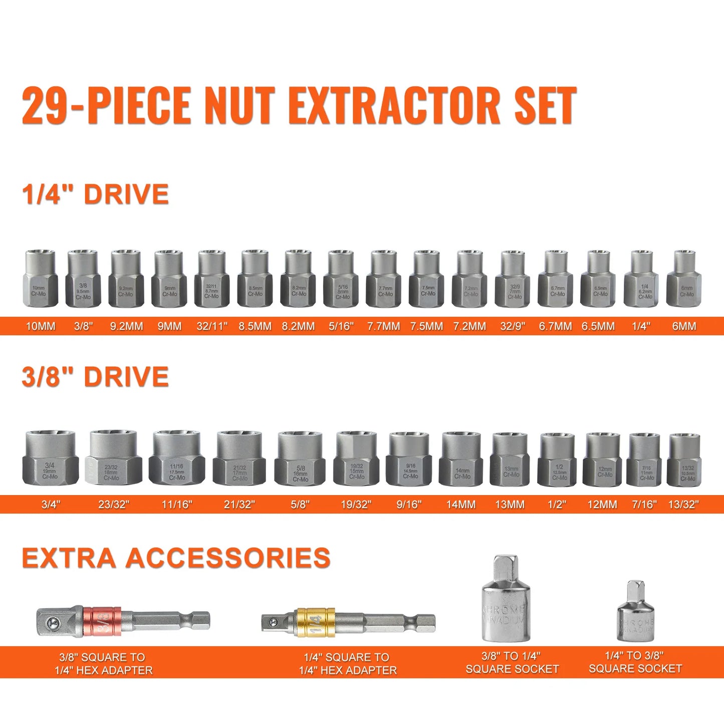 SucceBuy 29PCs Bolt Extractor Set Bolt and Nut Remover Set 6mm to 10mm 13/32" to 3/4" CR-MO