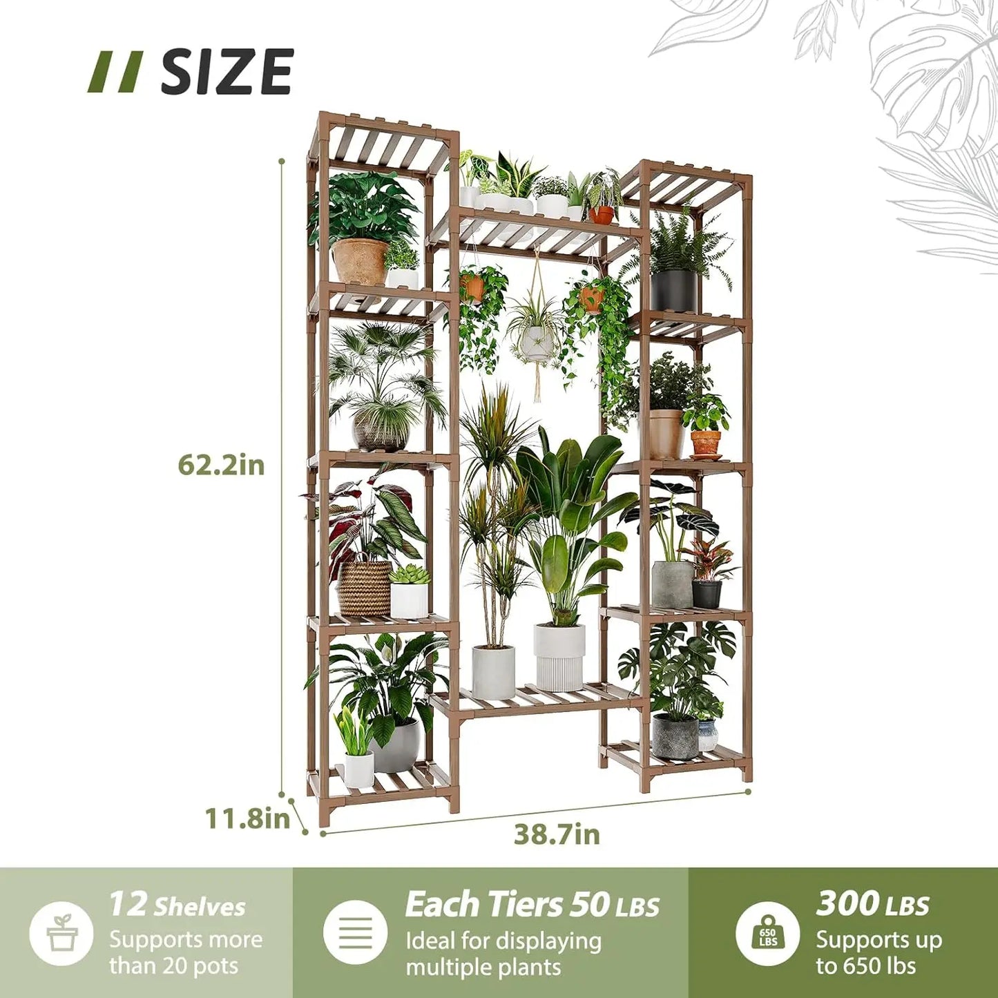 62.2" Tall Wood Plant Stand Indoor Outdoor Tiered Shelf for Multiple Pots Living Room Garden Balcony