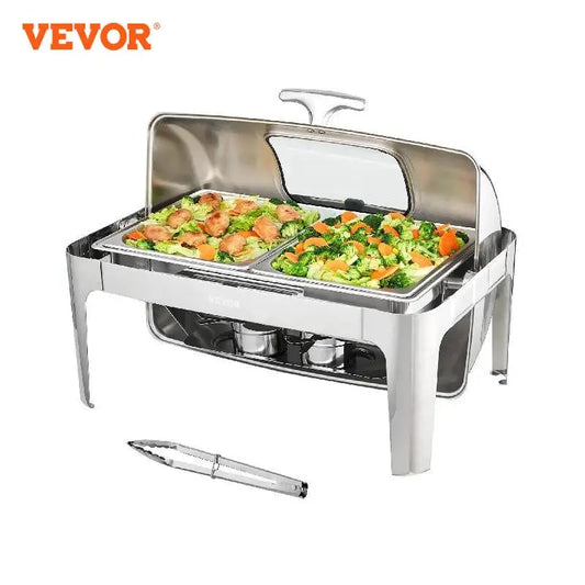 VEVOR 9QT Roll-top Chafing Dish Set Stainless Steel Chafer w/2 Half Pans Rectangle Catering Warmer