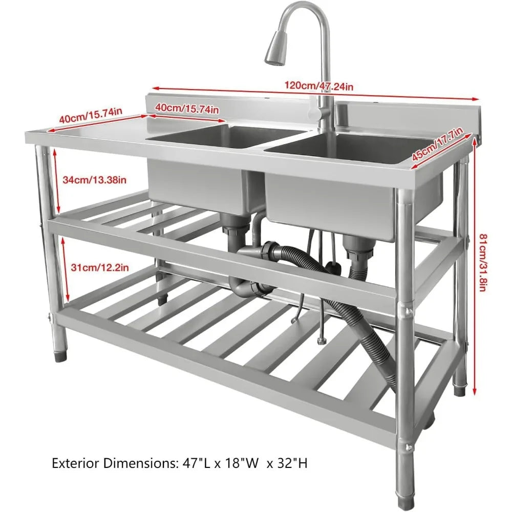 304 Stainless Steel Sink 2 Compartment Free Standing Utility Sink Commercial Restaurant Kitchen Sink